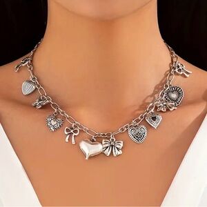 Chunky Heart Charm Necklace; Silver Heart Link Chain Valentine's Day